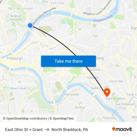 East Ohio St + Grant to North Braddock, PA map