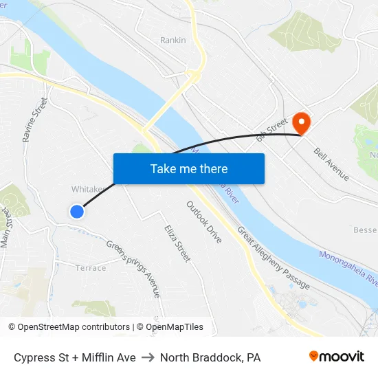 Cypress St + Mifflin Ave to North Braddock, PA map