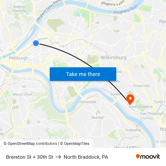 Brereton St + 30th St to North Braddock, PA map
