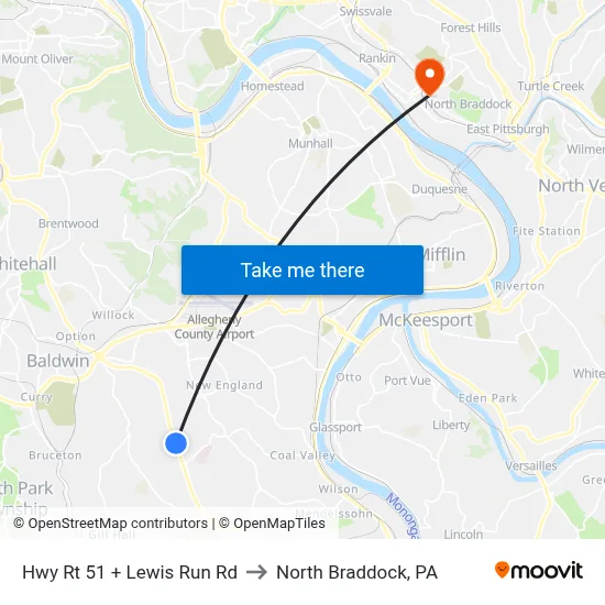 Hwy Rt 51 + Lewis Run Rd to North Braddock, PA map