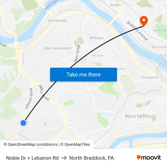 Noble Dr + Lebanon Rd to North Braddock, PA map
