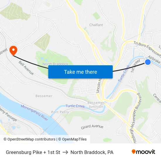 Greensburg Pike + 1st St to North Braddock, PA map