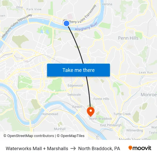 Waterworks Mall + Marshalls to North Braddock, PA map