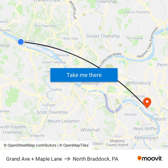 Grand Ave + Maple Lane to North Braddock, PA map