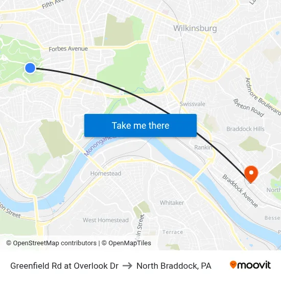 Greenfield Rd at Overlook Dr to North Braddock, PA map