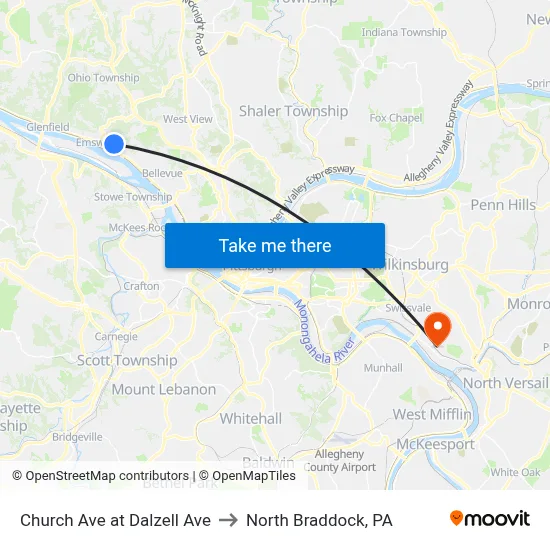 Church Ave at Dalzell Ave to North Braddock, PA map