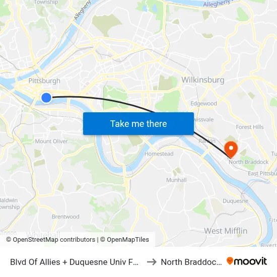 Blvd Of Allies + Duquesne Univ Footbridge to North Braddock, PA map