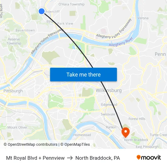 Mt Royal Blvd + Pennview to North Braddock, PA map