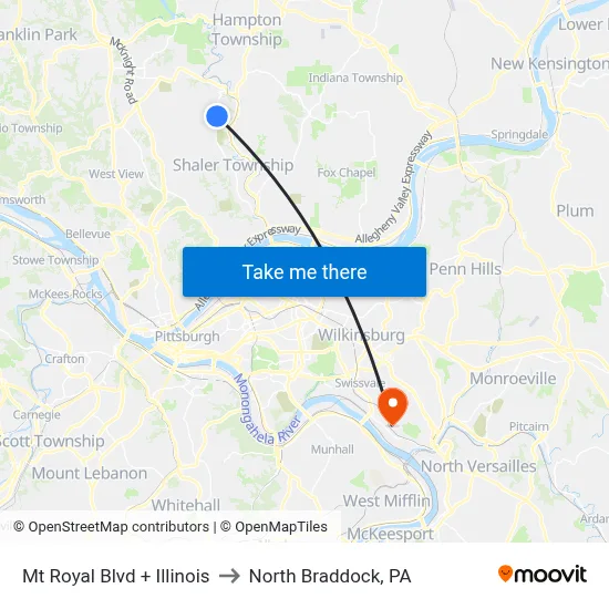Mt Royal Blvd + Illinois to North Braddock, PA map