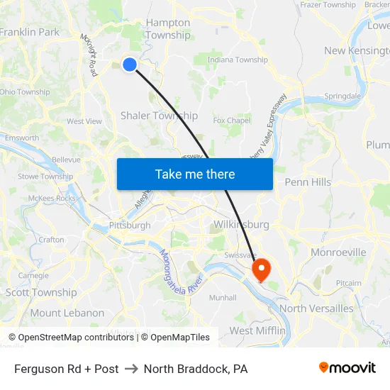 Ferguson Rd + Post to North Braddock, PA map