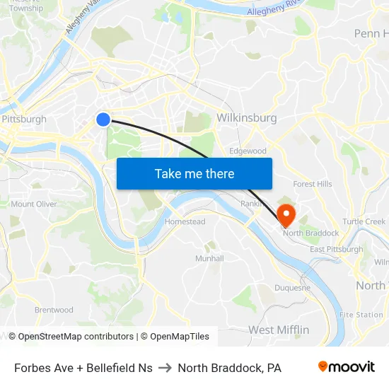 Forbes Ave + Bellefield Ns to North Braddock, PA map