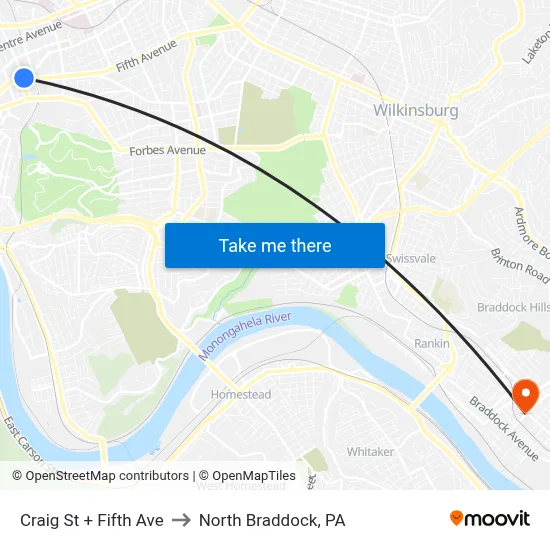 Craig St + Fifth Ave to North Braddock, PA map