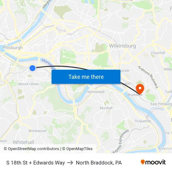 S 18th St + Edwards Way to North Braddock, PA map
