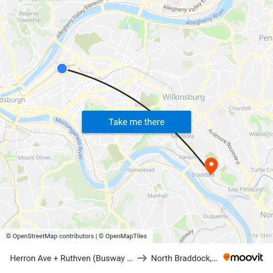 Herron Ave + Ruthven (Busway Ent) to North Braddock, PA map