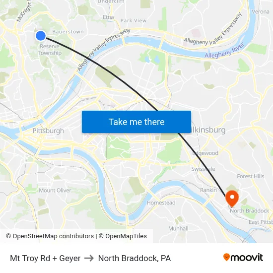 Mt Troy Rd + Geyer to North Braddock, PA map