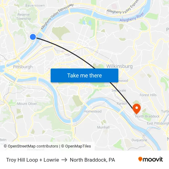 Troy Hill Loop + Lowrie to North Braddock, PA map