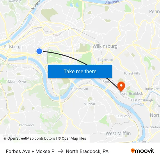 Forbes Ave + Mckee Pl to North Braddock, PA map