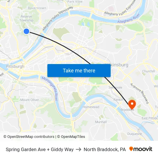 Spring Garden Ave + Giddy Way to North Braddock, PA map