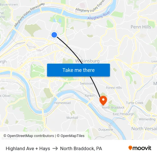 Highland Ave + Hays to North Braddock, PA map