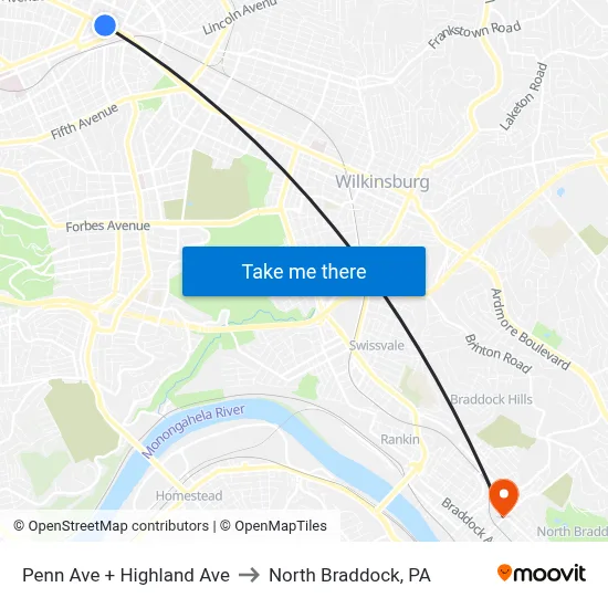 Penn Ave + Highland Ave to North Braddock, PA map