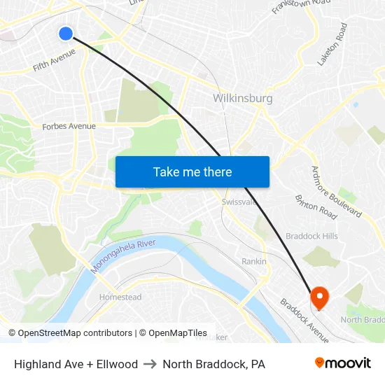 Highland Ave + Ellwood to North Braddock, PA map