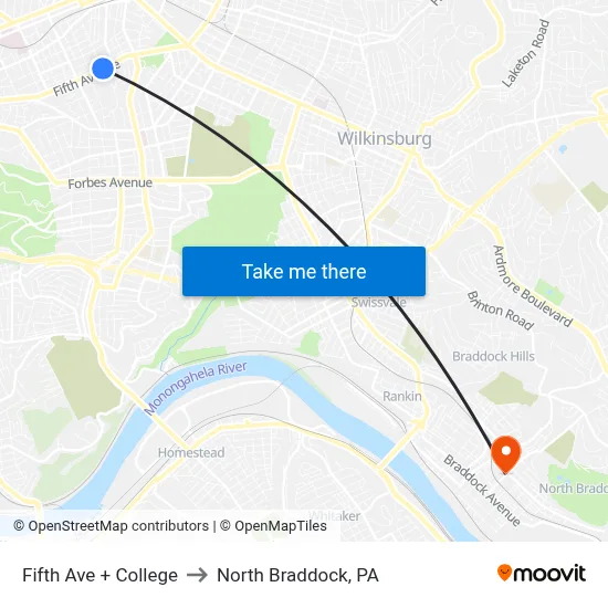 Fifth Ave + College to North Braddock, PA map