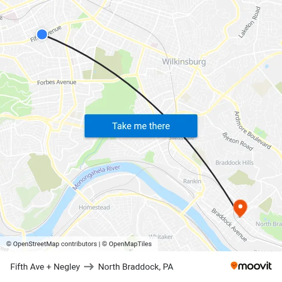 Fifth Ave + Negley to North Braddock, PA map