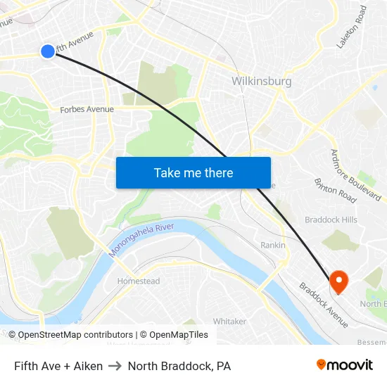 Fifth Ave + Aiken to North Braddock, PA map
