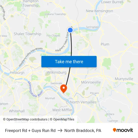 Freeport Rd + Guys Run Rd to North Braddock, PA map
