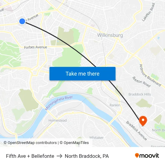 Fifth Ave + Bellefonte to North Braddock, PA map