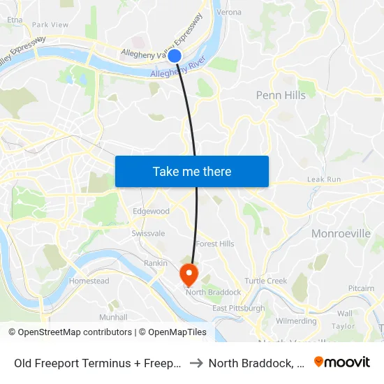 Old Freeport Terminus + Freeport to North Braddock, PA map