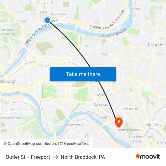 Butler St + Freeport to North Braddock, PA map