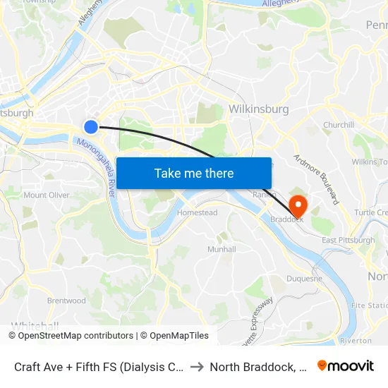 Craft Ave + Fifth FS (Dialysis Ctr) to North Braddock, PA map