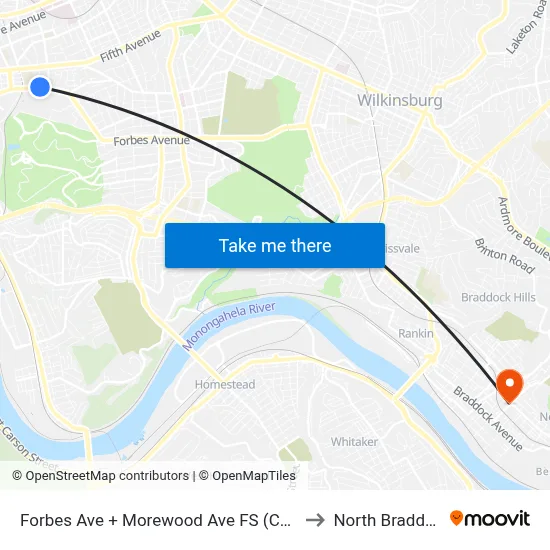 Forbes Ave + Morewood Ave FS (Carnegie Mellon) to North Braddock, PA map