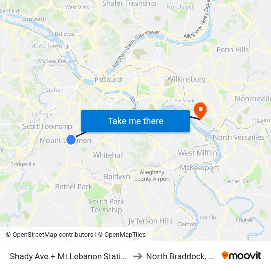 Shady Ave + Mt Lebanon Station to North Braddock, PA map