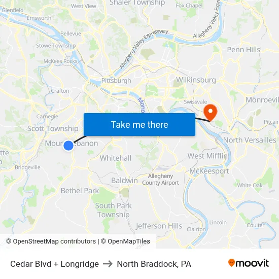 Cedar Blvd + Longridge to North Braddock, PA map