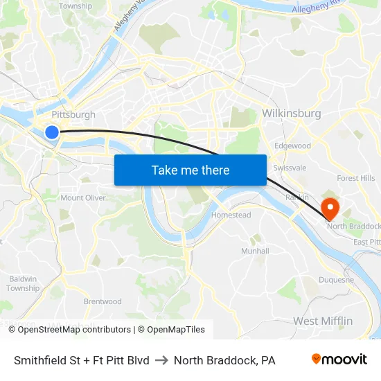 Smithfield St + Ft Pitt Blvd to North Braddock, PA map
