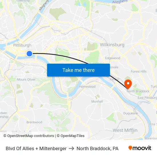 Blvd Of Allies + Miltenberger to North Braddock, PA map