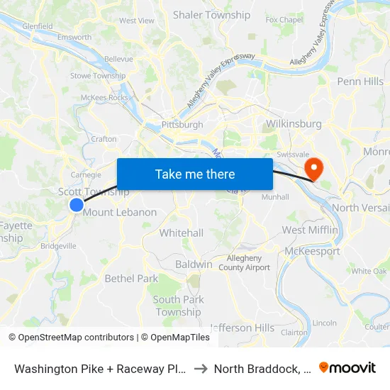 Washington Pike + Raceway Plaza to North Braddock, PA map