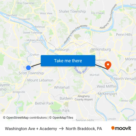 Washington Ave + Academy to North Braddock, PA map
