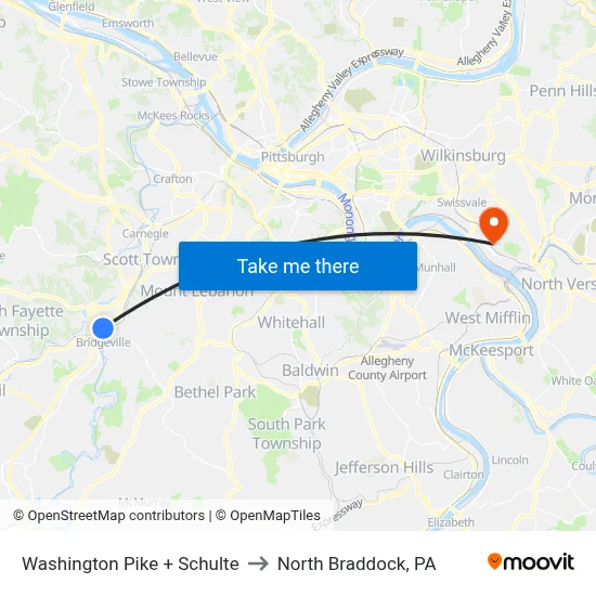 Washington Pike + Schulte to North Braddock, PA map