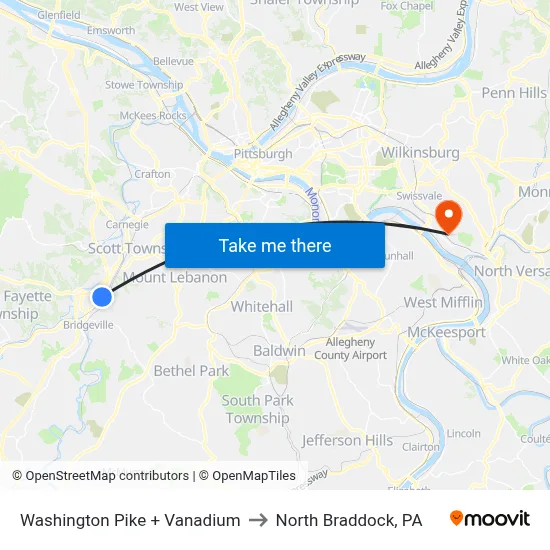 Washington Pike + Vanadium to North Braddock, PA map