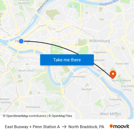East Busway + Penn Station A to North Braddock, PA map