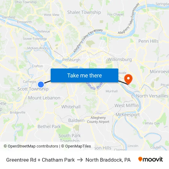 Greentree Rd + Chatham Park to North Braddock, PA map
