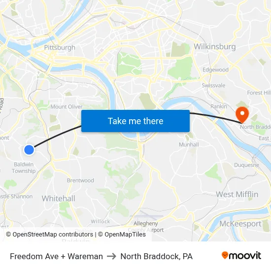 Freedom Ave + Wareman to North Braddock, PA map