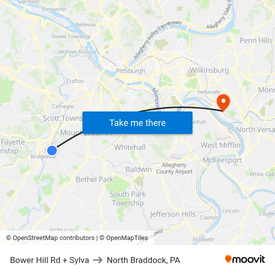 Bower Hill Rd + Sylva to North Braddock, PA map
