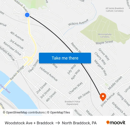 Woodstock Ave + Braddock to North Braddock, PA map