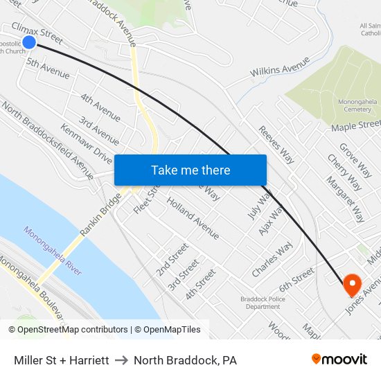 Miller St + Harriett to North Braddock, PA map