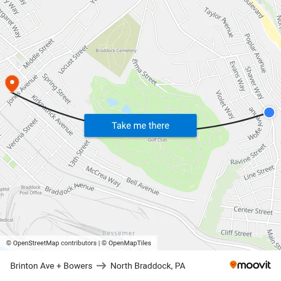 Brinton Ave + Bowers to North Braddock, PA map