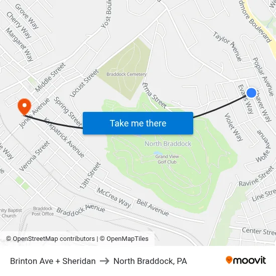 Brinton Ave + Sheridan to North Braddock, PA map